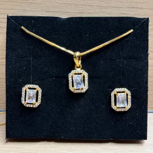 Gold Emerald Cut‎ Jewelry Set Necklace Stud Earrings Halo Bridal Wedding thumbnail 1