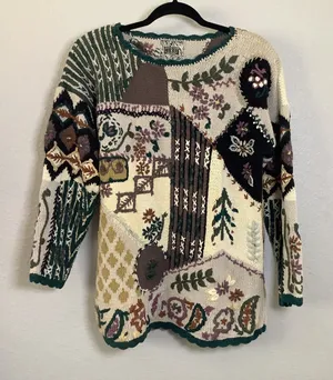 Vintage 90s Patchwork Knitted Retro Embroidered Cottagecore Goblincore Sweater S thumbnail 1