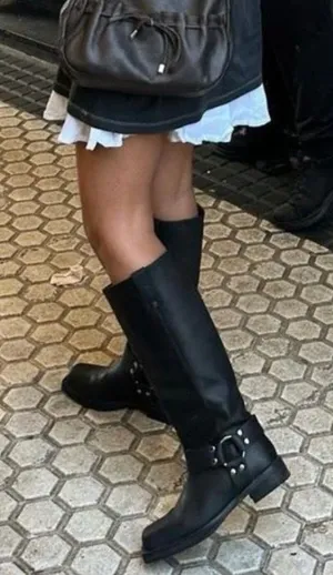 FRYE Black Leather Phillip Harness Tall Knee High Preppy Moto Riding Boots thumbnail 1