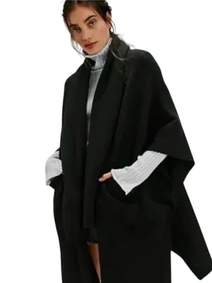 Free People Black Open-Front Knit Poncho with Pockets and Scarf ONE SIZE thumbnail 12