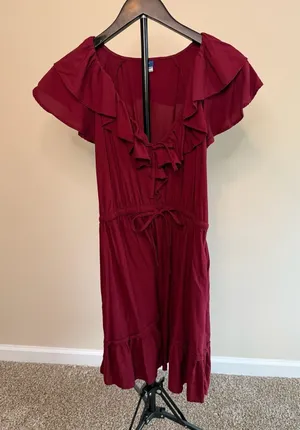 Old Navy Waist-Defined‎ Ruffle-Trim Mini Dress Burgundy Rayon Burgundy thumbnail 1