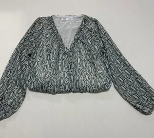 Zara Teal and Cream Printed V‑Neck Blouse thumbnail 1