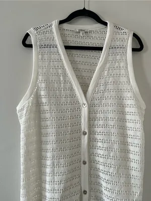 White Open Knit Crochet Button Front Sleeveless Midi Dress Large Coastal Resort thumbnail 3
