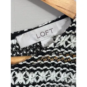 LOFT Womens Large Black White Striped Textured Knit Fringe Short Sleeve‎ Blouse thumbnail 5