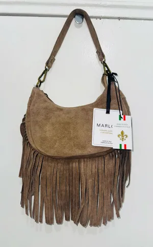 made in italy suede shoulder bag with bottom fringe real calf leather thumbnail 1