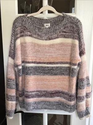 BKE Oversized Striped Fuzzy Boatneck Sweater S Boho Cabincore Scandi thumbnail 2