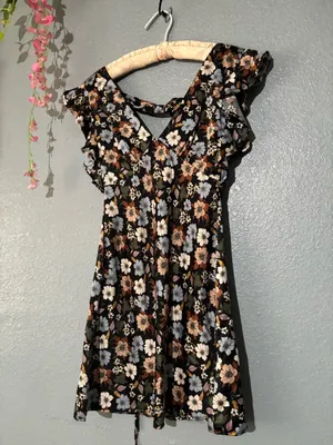 Altar'd State Floral Ruffle-Sleeve V-Neck Dress in Black thumbnail 2
