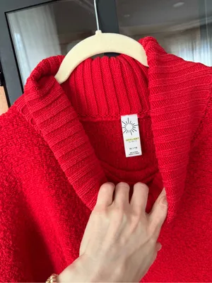 Aerie turtleneck boucle sweater textured red wool oversized rib knit tunic thumbnail 3
