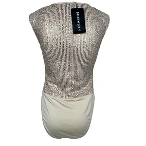 SHEIN Rose‎ Gold Sequin Sleeveless Bodysuit Sparkly Glam Party Holiday Metallic thumbnail 3