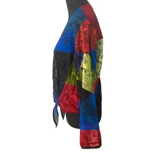Chico's Y2K Silk Lace Burnout Velvet‎ Patchwork Artsy Boho Art to Wear Tie Front Top Med thumbnail 3