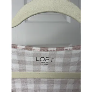 Loft Gingham Flutter Sleeve Top Womens Size L‎ Mauve White Tie Neck Rayon Blouse thumbnail 3