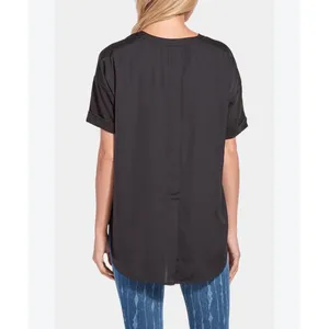 Lysse Mixed Media V-Neck Top Women S Teal Green Workwear Minimalist Short Sleeve thumbnail 2