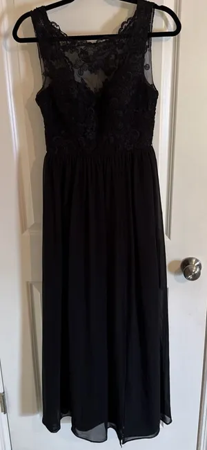 Azazie Elly Black A Line Lace Scoop Neck Chiffon Dress Size A2 Black Tie Wedding thumbnail 1