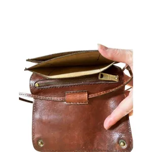 Vintage Brown Leather Crossbody Purse Minimalist Bag w/ Zipper & Snap Closure thumbnail 6