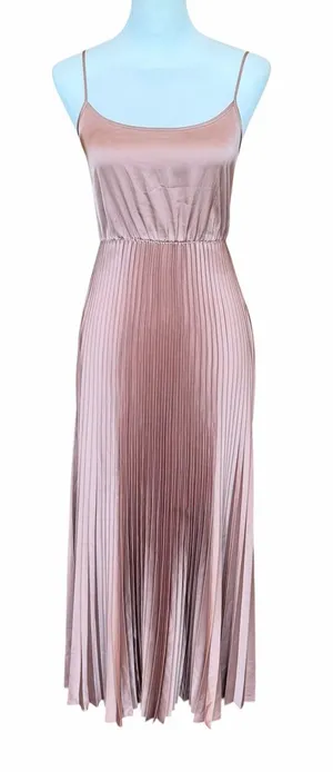 All Saints Pleated Satin Dress Size XS Brown Sleeveless Square Neck Maxi Pockets thumbnail 1