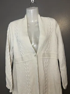 Lizwear Cardigan Sweater Womens Medium White Cable Knit Open Front Shawl Collar thumbnail 1