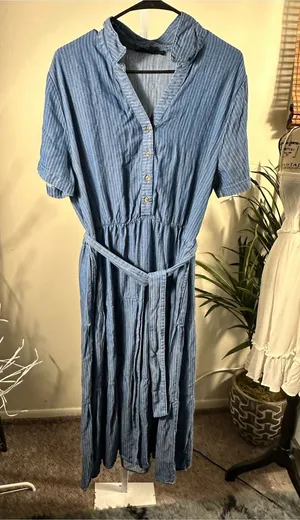 354. Jane + Delancey Blue Striped Button-Front Maxi Dress with Waist Tie thumbnail 1