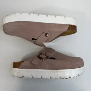 Boston Womens 7.5 Mules Clogs Suede Taupe Platform Buckle Shoes‎ Size 38 thumbnail 5