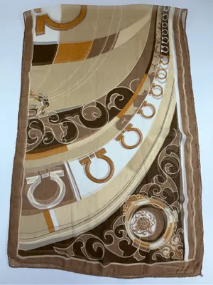 Equestrian Horseshoe Oblong Scarf‎ Taupe Brown Cream Chiffon Sheer Wrap 64x21 thumbnail 2