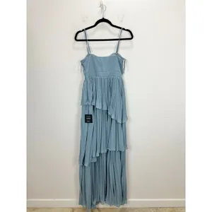 Lulus Jehona Dusty Blue Pleated Tiered Maxi Dress Long Formal A Line Small NWT thumbnail 7