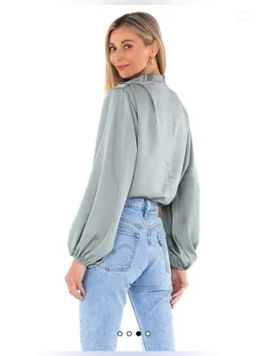 Line & Dot Satin Mock Neck Blouson Top - Sage Green thumbnail 3