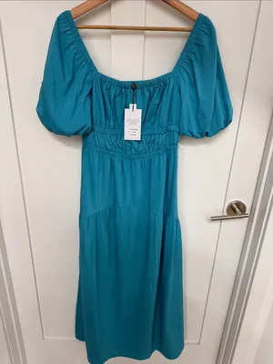 Women's Teal Puff-Sleeve Midi Dress - Brand: thumbnail 1