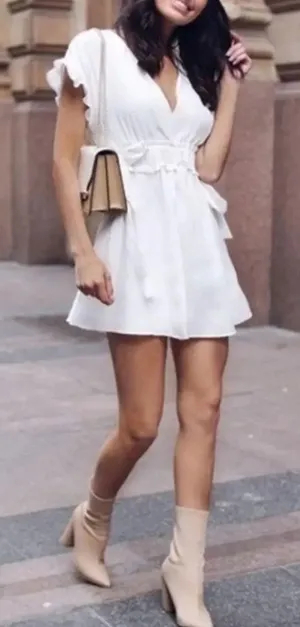 🍁 Zara Ruffle V-neck Mini Dress‎ Cinched Waist Ties White Small thumbnail 1