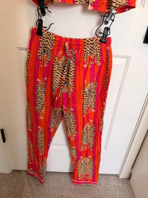 Cotton Long Pajama Set in Tibetan Tiger Pink & Orange thumbnail 4