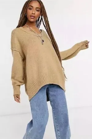 Free People Brookeside Women's Oversized Sweater Tan Size XL thumbnail 1