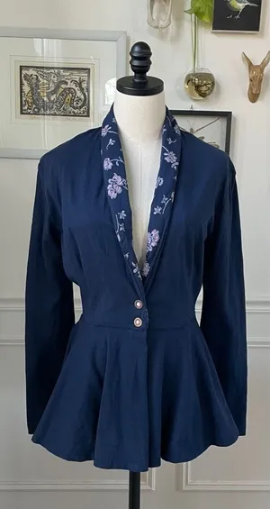 Vintage 80s IN2 Peplum Cardigan Jacket Dark Blue M thumbnail 1
