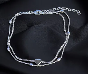 Silver tone double chain heart anklet thumbnail 1