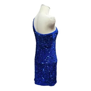 One Shoulder Velvety Sequin Mini Dress Blue Medium thumbnail 6