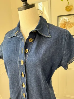 Vintage 90s G Dresses Stretchy Denim Half Button Drop Waist Dress L XL 14 thumbnail 5