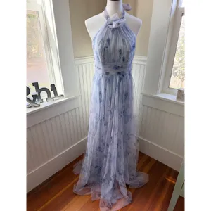 Dessy Collection 3131 Halter Tulle Floral Bridesmaid Maxi Dress Blue 10 NWT thumbnail 2