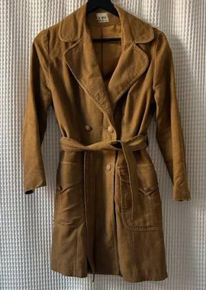 Vintage Debbi Robert tan brown short faux suede trench coat made in France small thumbnail 1