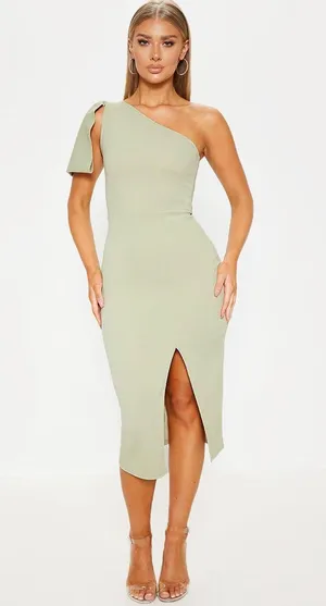 Pretty Little Thing Sage Off The Shoulder Dress thumbnail 1