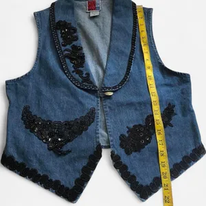 90s Vintage Western Embroidered navy blue jean denim jacket gilet vest black beading #countrychic #boho #indie Size M, Measurement in pics thumbnail 6