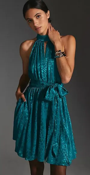 NWT Anthropologie Halter Neck Jacquard Mini Dress Teal Removable Belt Large thumbnail 1