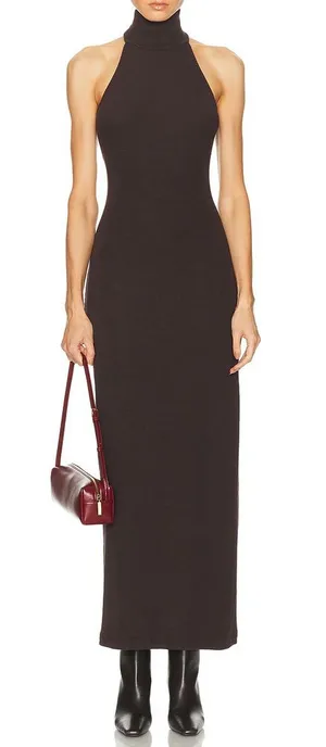 Enza Costa Knit Halter Turtleneck Fluid Brown Maxi Dress NWT Size Medium thumbnail 1