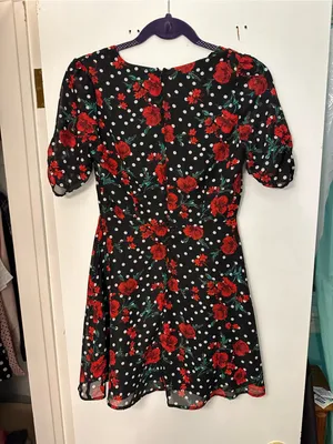 Forever 21 Black Floral Polka Dot Short Mini Dress with Puff Sleeves size small thumbnail 2
