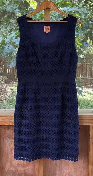 Tory Burch Women's Navy Blue Geometric Lace Overlay Sheath Dress Size 14 thumbnail 1