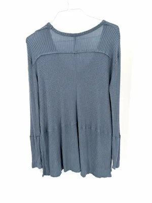 Free People Blue Gray Sunset Park Drippy Thermal Waffle Knit Oversized Shirt Top thumbnail 6
