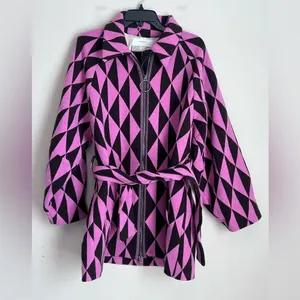 Anthropologie Beatrice B Wool Topcoat Belted Retro‎ Geometric Print Sz XS thumbnail 2