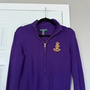 Ralph Lauren Vintage Womens Full Zip Sweater Logo Patch Purple Preppy thumbnail 1