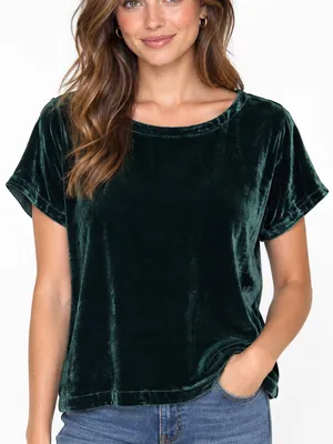 Eileen Fisher silk blend velvet green short sleeve oversized top size S small thumbnail 1