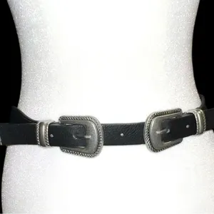 Black Double Buckle snap back Belt with Silver Accents thumbnail 3