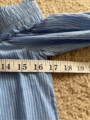 Lilly Pulitzer preppy summer blue pinstripes bell sleeve off the shoulder top xs thumbnail 11