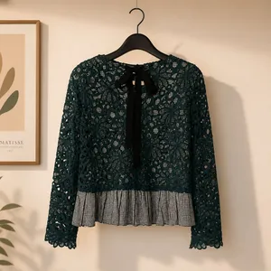 Maeve Anthropologie Gabriella Green Lace and Gingham Peplum Long Sleeve Top thumbnail 11