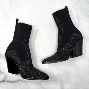 Jimmy Choo Mele Glitter 85 Chelsea Stretch Knit Block Heel Ankle Boots Black 36 thumbnail 5