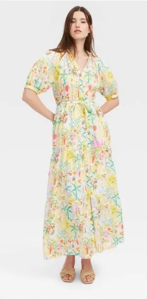 Roller Rabbit x Target Vacation Maxi Dress Tropical Fruit Floral 100% Cotton Med thumbnail 1